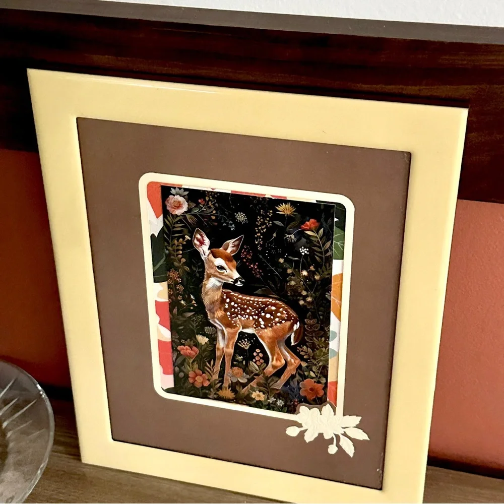 Vintage Frame Deer Postcard Moody Floral Fawn Gold Framed Wall Art Nature Boho